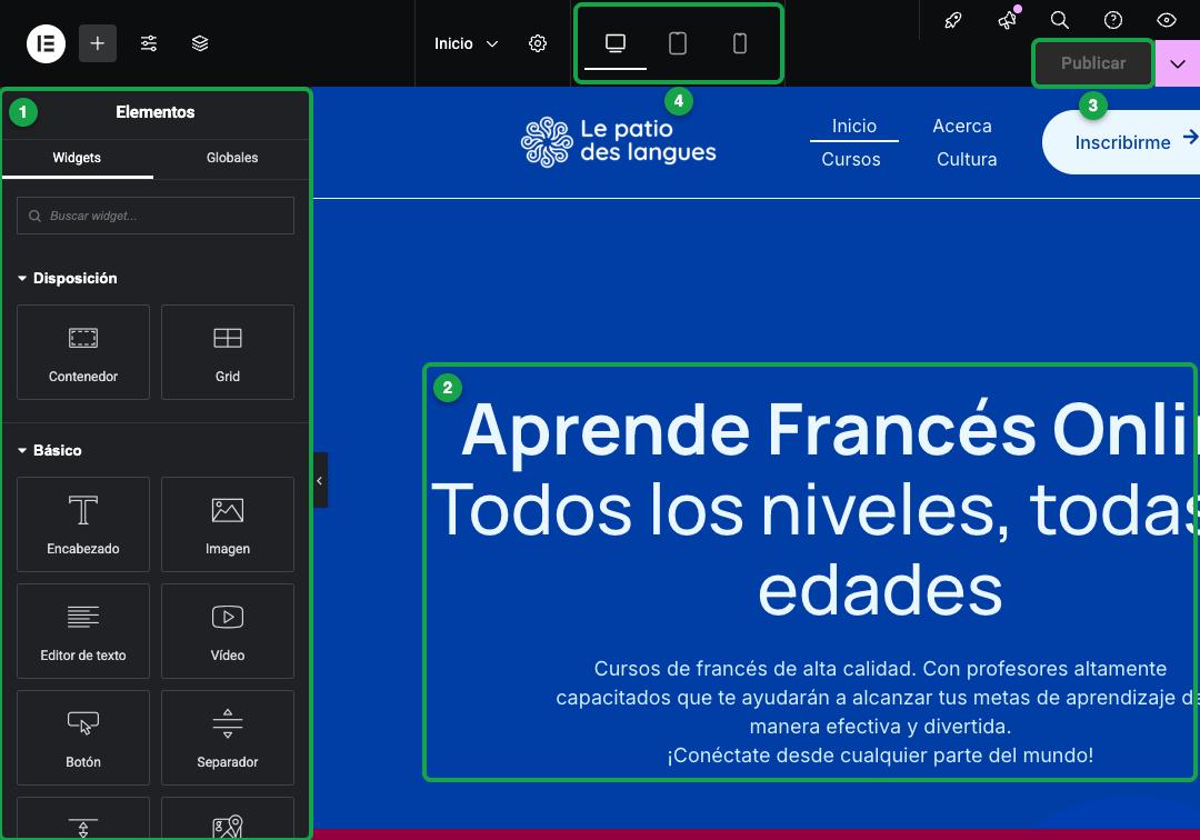Editor Elementor con cuatro partes marcadas
