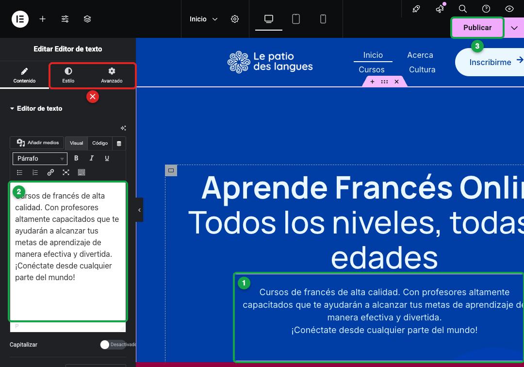 Texto seleccionado en la página y su cuadro de edición a la izquierda