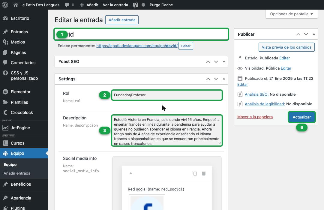 Ficha de profesor con nombre, rol, descripción y Actualizar