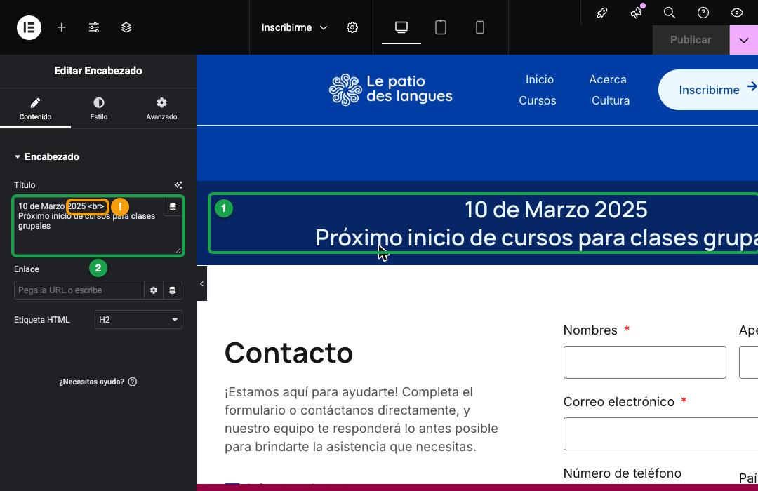 Aviso de fecha seleccionado y su campo Título con la etiqueta br marcada